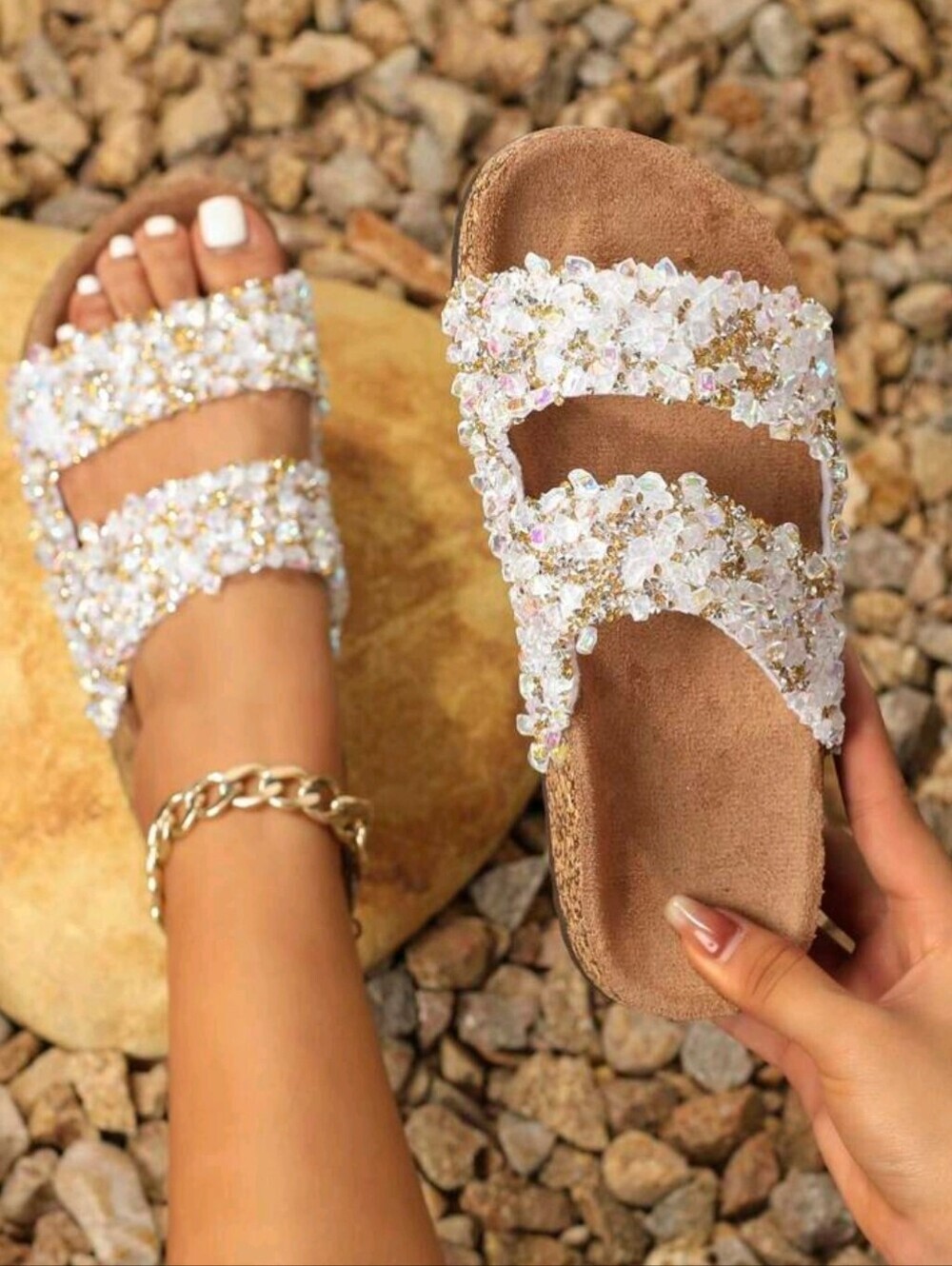 Crystal Beaded White Slide Sandals - Women